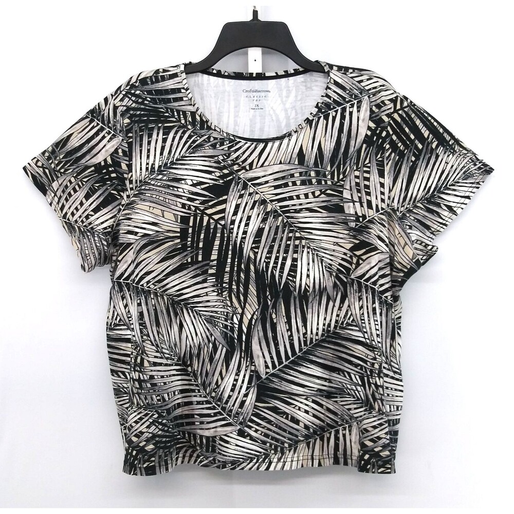 Croft & Barrow Shirt Women Plus Size 2X Black Brown Tropical Short Sleeve Top
